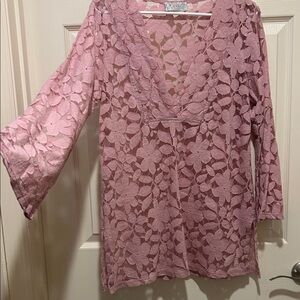 J. Valdi Pink Lace Top Tunic Length Floral Pattern Lace